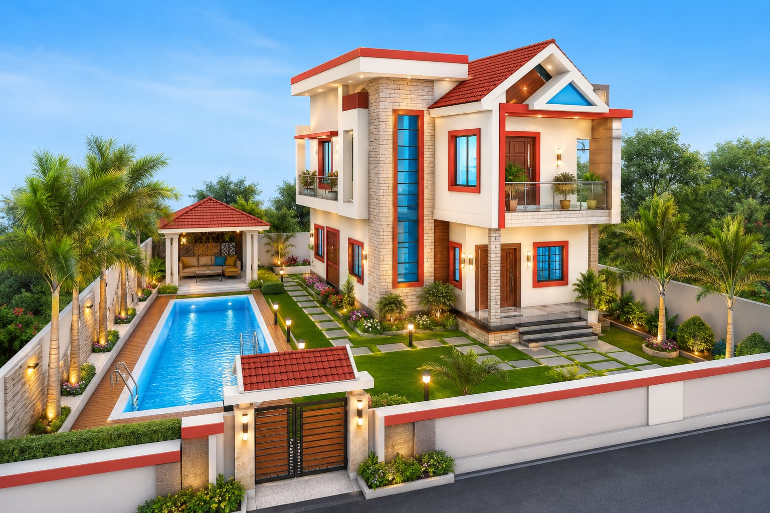 Photorealistic 3D elevation of a villa with landscaping
